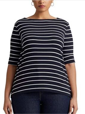Lauren Ralph Lauren 3X Striped Navy and White Women’s Elbow-3/4 Sleeve Top